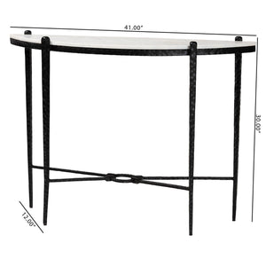 Baxton Studio Baxton Caledon Marble Half-Moon Console Table With Hand-Forged Hammered Steel Frame, 41"W, Elegant Rustic Craftsmanship FUR6900-Hammered/Marble Top-Console Table