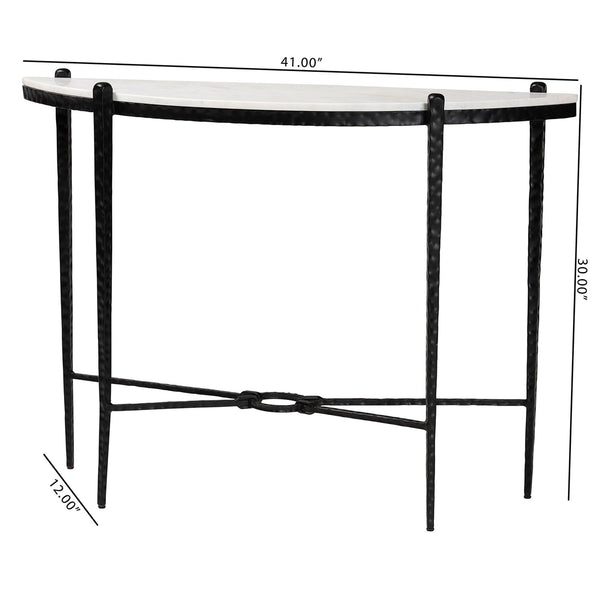 Baxton Studio Baxton Caledon Marble Half-Moon Console Table With Hand-Forged Hammered Steel Frame, 41"W, Elegant Rustic Craftsmanship FUR6900-Hammered/Marble Top-Console Table