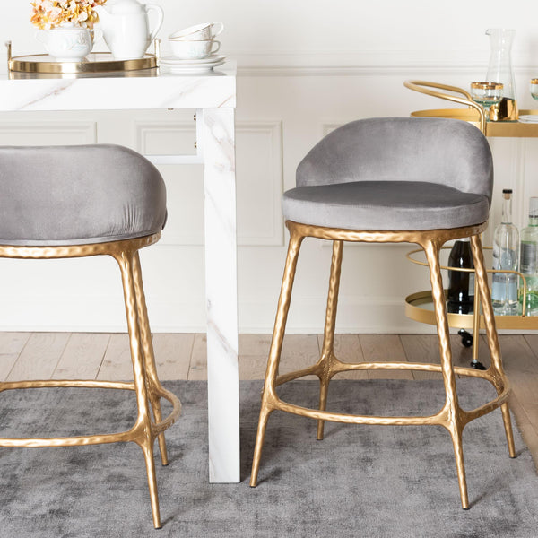 Baxton Studio Baxton Aarush Counter Stool — Hand-Forged Hammered Steel Frame, Plush Velvet Seat, Low Wingback Comfort (Fully Assembled) FUR6902-Hammered Metal-CS