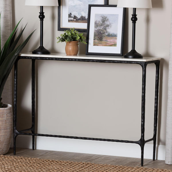 Baxton Studio Baxton Edsel Marble Console Table With Hand‑Forged Hammered Steel Frame, Rustic Modern Entryway Elegance Rectangle FUR6880-Marble Top/Hammered-Console Table