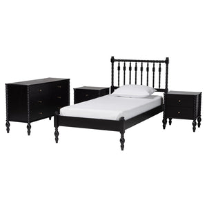 Baxton Studio Baxton Studio Callison Farmhouse Spindle Bed Set with Dresser and Nightstands for Bedroom Black Eniola-Black-Twin 4PC Bedroom Set