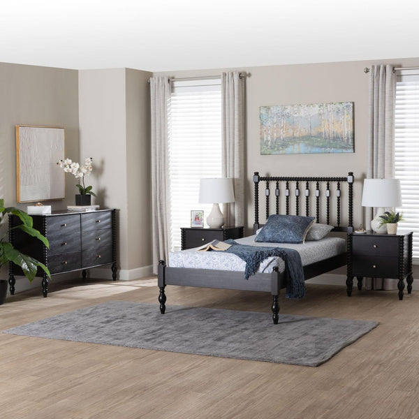 Baxton Studio Baxton Studio Callison Farmhouse Spindle Bed Set with Dresser and Nightstands for Bedroom Black Eniola-Black-Twin 4PC Bedroom Set