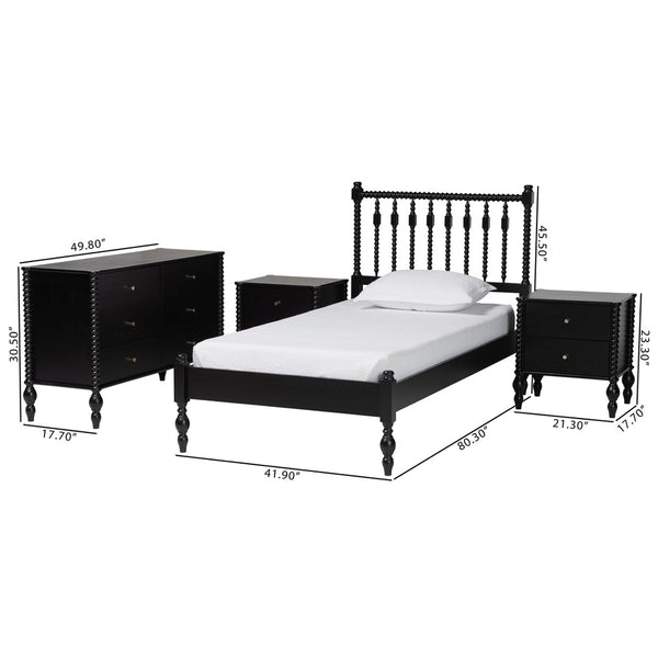 Baxton Studio Baxton Studio Callison Farmhouse Spindle Bed Set with Dresser and Nightstands for Bedroom Black Eniola-Black-Twin 4PC Bedroom Set