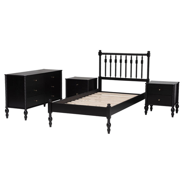 Baxton Studio Baxton Studio Callison Farmhouse Spindle Bed Set with Dresser and Nightstands for Bedroom Black Eniola-Black-Twin 4PC Bedroom Set