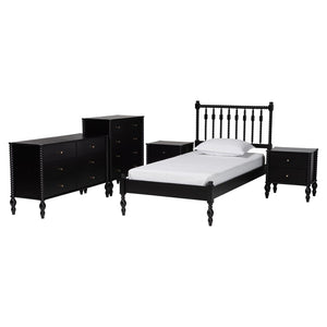 Baxton Studio Baxton Studio Callison Solid Wood Farmhouse Spindle Bedroom Set with Platform Bed and Storage Black Ebele-Black-Twin 5PC Bedroom Set