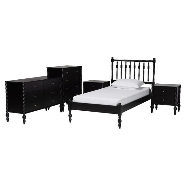 Baxton Studio Baxton Studio Callison Solid Wood Farmhouse Spindle Bedroom Set with Platform Bed and Storage Black Ebele-Black-Twin 5PC Bedroom Set