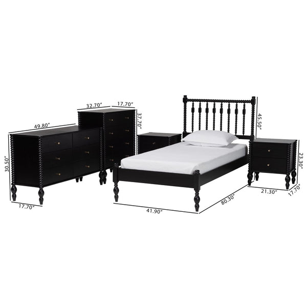 Baxton Studio Baxton Studio Callison Solid Wood Farmhouse Spindle Bedroom Set with Platform Bed and Storage Black Ebele-Black-Twin 5PC Bedroom Set