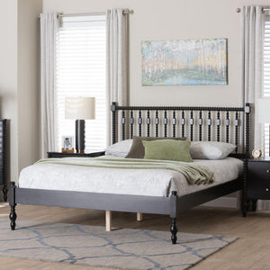 Baxton Studio Baxton Studio Callison Solid Wood Spindle Bed Farmhouse Spoked Headboard No Box Spring Black MG0259-Black-Queen
