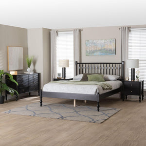 Baxton Studio Baxton Studio Callison Spindle Platform Bed Set with 6-drawer Dresser and Nightstands Black Sanyu-Black-Queen 4PC Bedroom Set