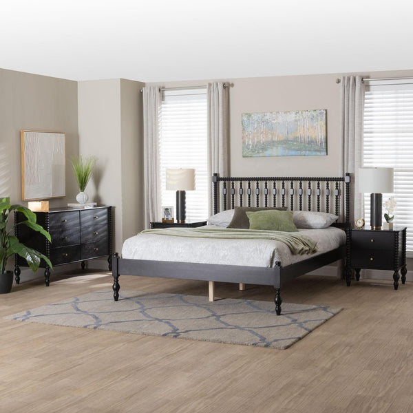 Baxton Studio Baxton Studio Callison Wood Spindle Farmhouse Bedroom Set with Dresser and Nightstands Black Enu-Black-Full 4PC Bedroom Set