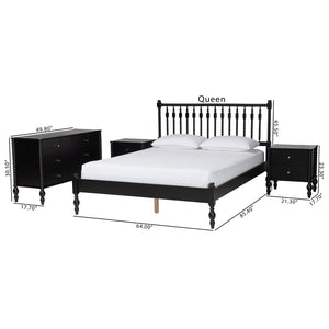 Baxton Studio Baxton Studio Callison Spindle Platform Bed Set with 6-drawer Dresser and Nightstands Black Sanyu-Black-Queen 4PC Bedroom Set