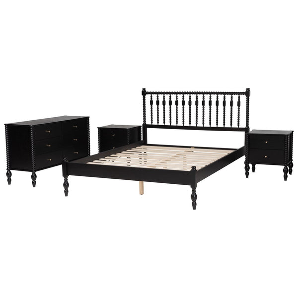 Baxton Studio Baxton Studio Callison Wood Spindle Farmhouse Bedroom Set with Dresser and Nightstands Black Enu-Black-Full 4PC Bedroom Set