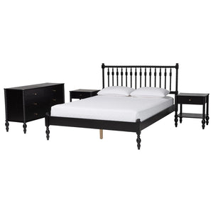 Baxton Studio Baxton Studio Denita Solid Wood Farmhouse Spindle Bedroom Set with Dresser and Nightstands Black Salina-Black-Queen 4PC Bedroom Set