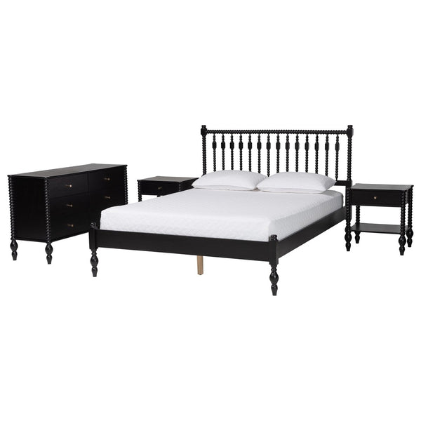 Baxton Studio Baxton Studio Denita Solid Wood Farmhouse Spindle Bedroom Set with Dresser and Nightstands Black Salina-Black-Queen 4PC Bedroom Set