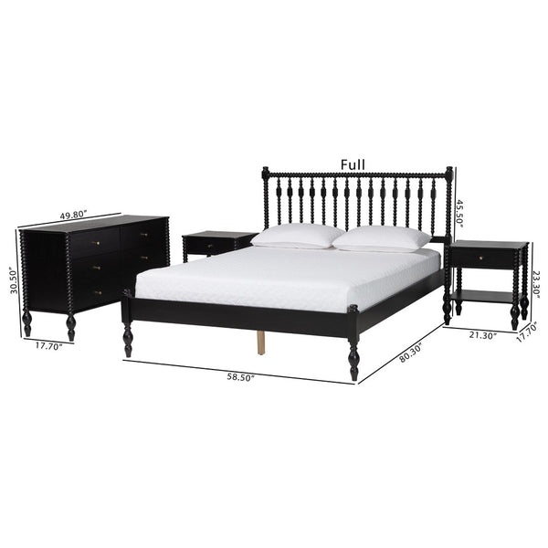 Baxton Studio Baxton Studio Denita Solid Wood Farmhouse Spindle Bedroom Set with Dresser and Nightstands Black Salina-Black-Queen 4PC Bedroom Set