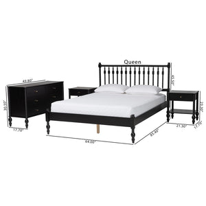 Baxton Studio Baxton Studio Denita Solid Wood Farmhouse Spindle Bedroom Set with Dresser and Nightstands Black Salina-Black-Queen 4PC Bedroom Set