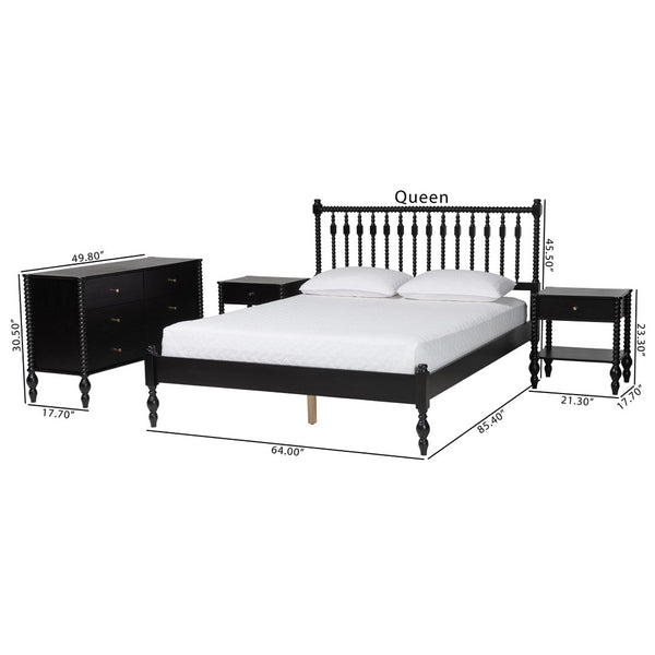 Baxton Studio Baxton Studio Denita Solid Wood Farmhouse Spindle Bedroom Set with Dresser and Nightstands Black Salina-Black-Queen 4PC Bedroom Set