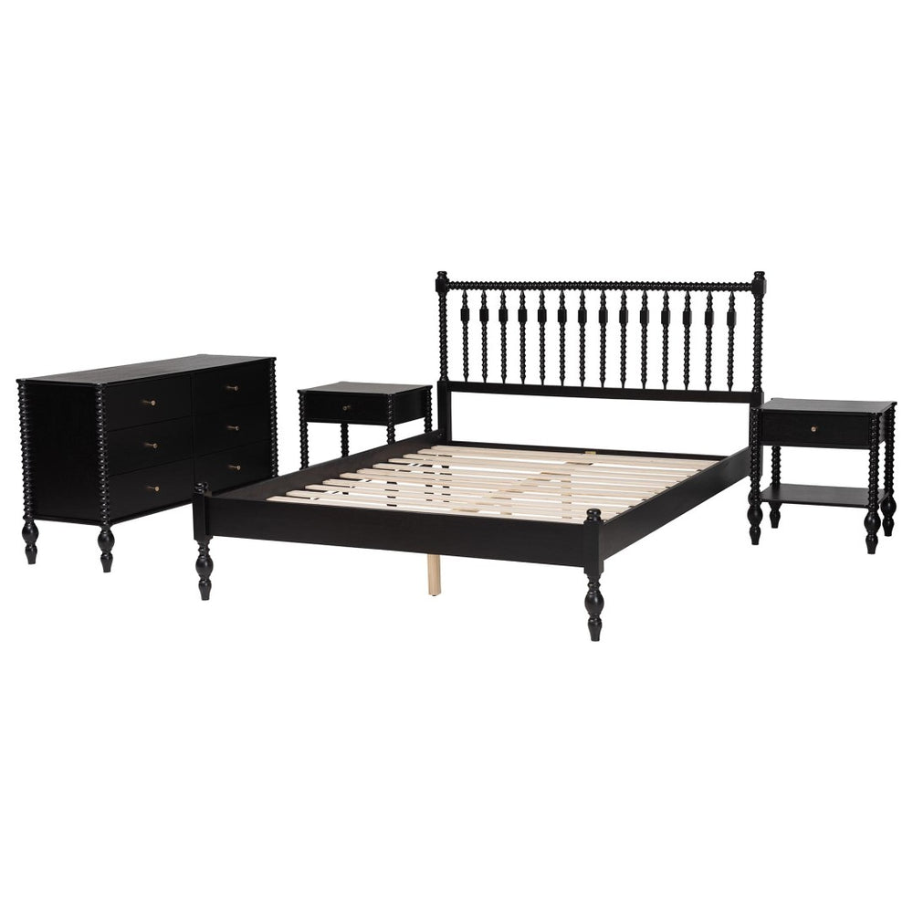 Baxton Studio Baxton Studio Denita Solid Wood Farmhouse Spindle Bedroom Set with Dresser and Nightstands Black Salina-Black-Queen 4PC Bedroom Set