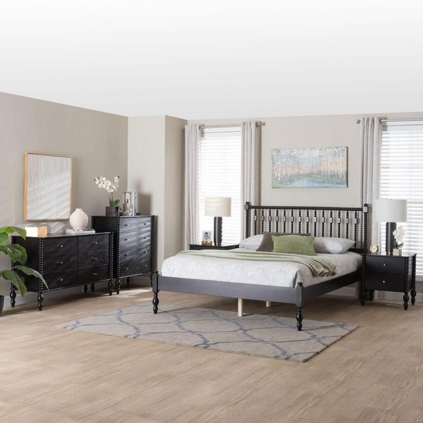 Baxton Studio Baxton Studio Callison Farmhouse Spindle Bedroom Set with Platform Bed and Storage Casegoods Black Pauline-Black-Full 5PC Bedroom Set