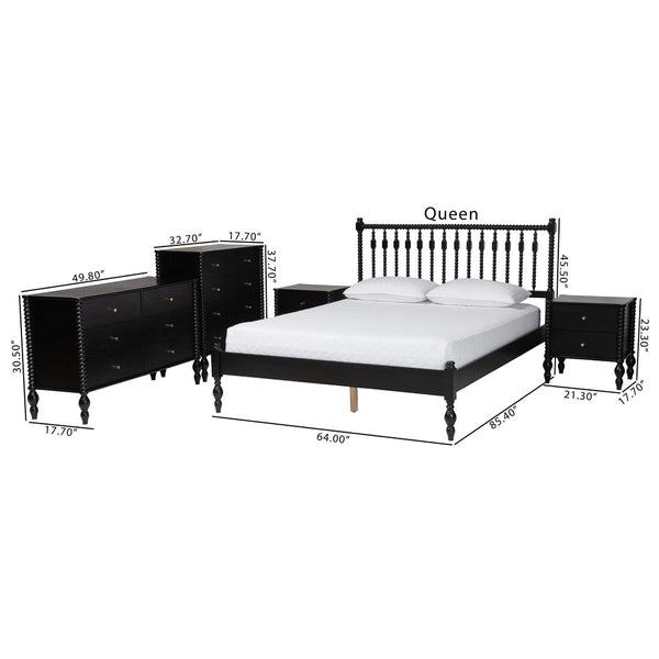 Baxton Studio Baxton Studio Callison Solid Wood Farmhouse Queen Bed Set with Spindle Headboard Storage Black Tamela-Black-Queen 5PC Bedroom Set