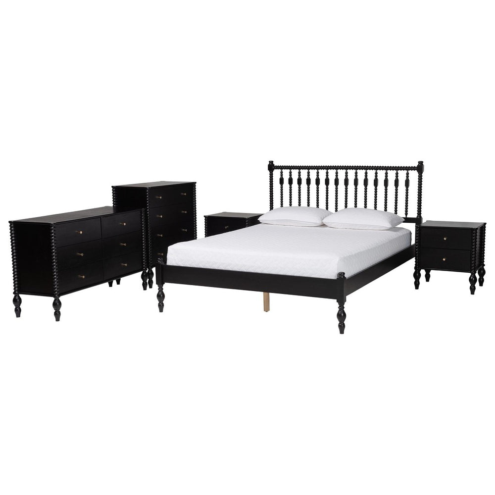 Baxton Studio Baxton Studio Callison Solid Wood Farmhouse Queen Bed Set with Spindle Headboard Storage Black Tamela-Black-Queen 5PC Bedroom Set
