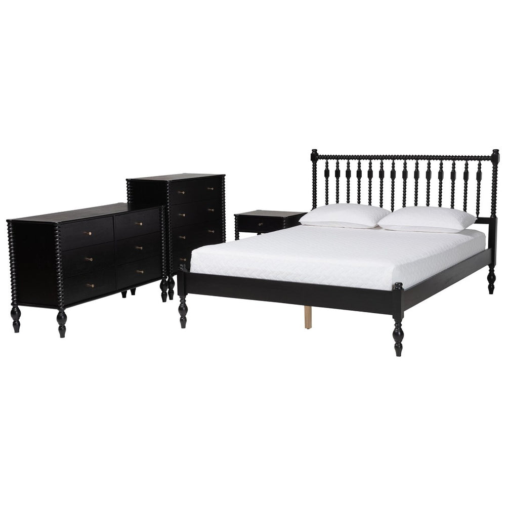 Baxton Studio Baxton Studio Denita Farmhouse Spindle Bedroom Collection with Dresser Chest and Nightstand Black Subira-Black-Full 4PC Bedroom Set