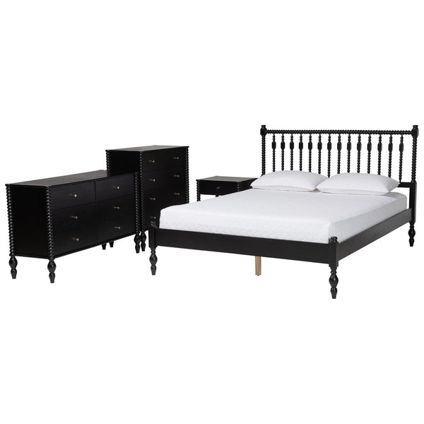 Baxton Studio Baxton Studio Denita Farmhouse Spindle Bedroom Collection with Dresser Chest and Nightstand Black Subira-Black-Full 4PC Bedroom Set