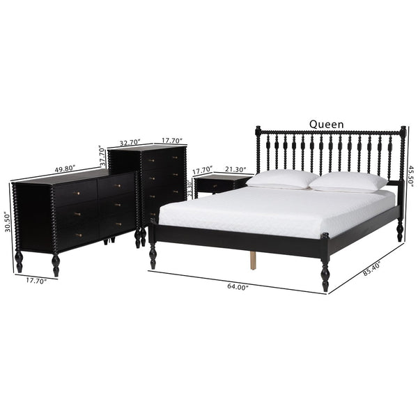 Baxton Studio Baxton Studio Denita Farmhouse Spindle Bedroom Collection with Dresser Chest and Nightstand Black Subira-Black-Full 4PC Bedroom Set