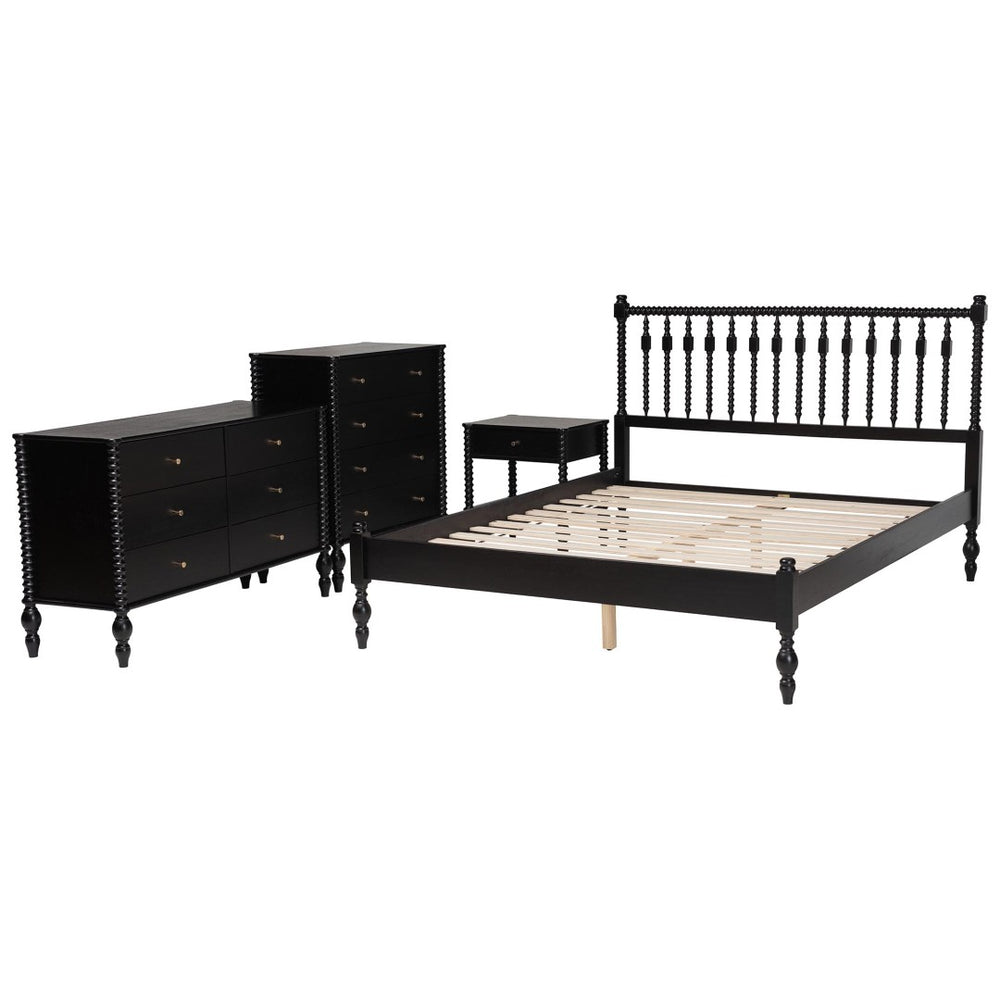 Baxton Studio Baxton Studio Denita Farmhouse Spindle Bedroom Collection with Dresser Chest and Nightstand Black Subira-Black-Full 4PC Bedroom Set