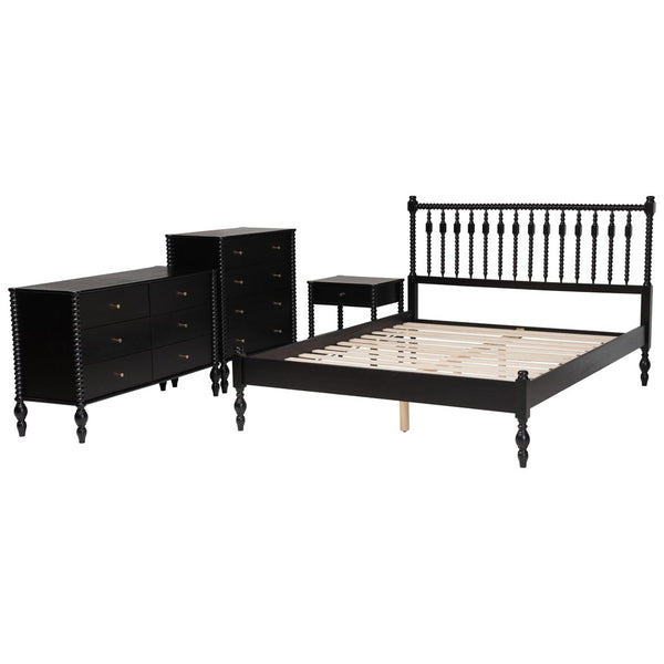 Baxton Studio Baxton Studio Denita Farmhouse Spindle Bedroom Collection with Dresser Chest and Nightstand Black Subira-Black-Full 4PC Bedroom Set