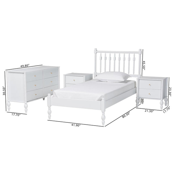Baxton Studio Baxton Studio Callison Farmhouse Spindle Bed Set with Dresser and Nightstands for Bedroom White Monifa-White-Twin 4PC Bedroom Set