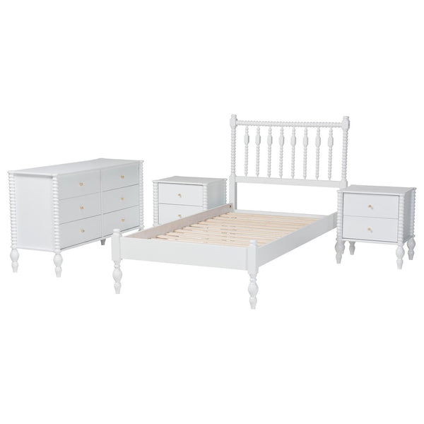 Baxton Studio Baxton Studio Callison Farmhouse Spindle Bed Set with Dresser and Nightstands for Bedroom White Monifa-White-Twin 4PC Bedroom Set