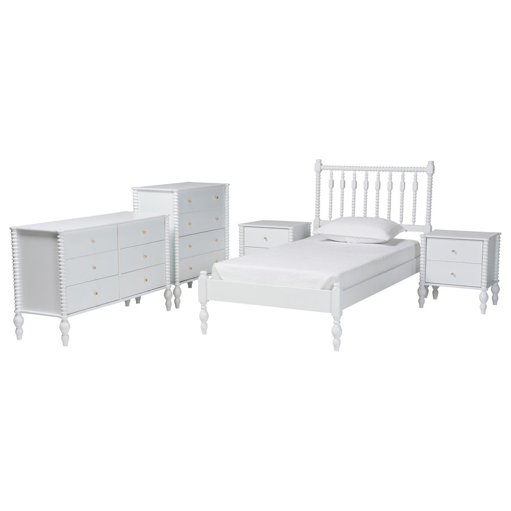 Baxton Studio Baxton Studio Callison Solid Wood Farmhouse Spindle Bedroom Set with Platform Bed and Storage White Farai-White-Twin 5PC Bedroom Set