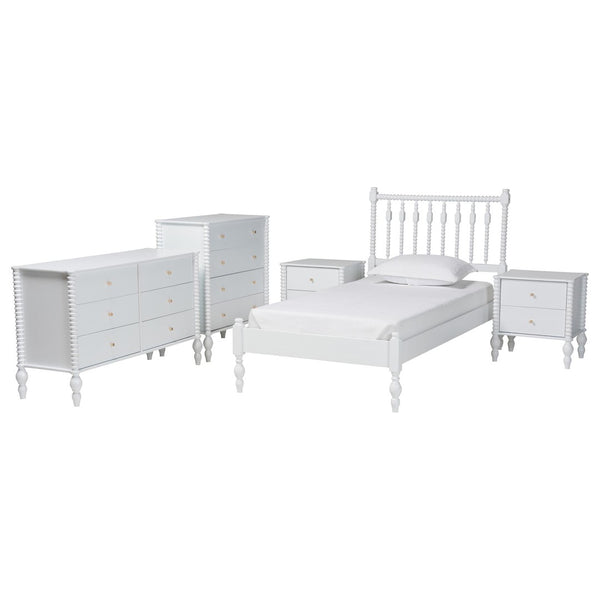 Baxton Studio Baxton Studio Callison Solid Wood Farmhouse Spindle Bedroom Set with Platform Bed and Storage White Farai-White-Twin 5PC Bedroom Set