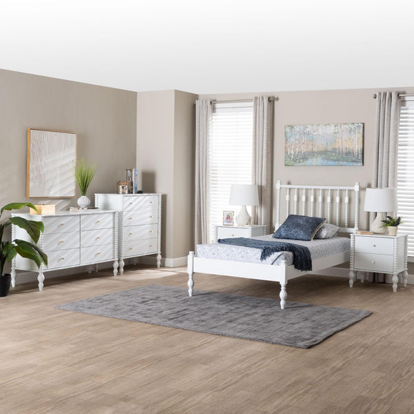 Baxton Studio Baxton Studio Callison Solid Wood Farmhouse Spindle Bedroom Set with Platform Bed and Storage White Farai-White-Twin 5PC Bedroom Set