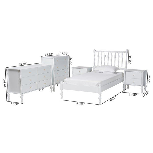 Baxton Studio Baxton Studio Callison Solid Wood Farmhouse Spindle Bedroom Set with Platform Bed and Storage White Farai-White-Twin 5PC Bedroom Set