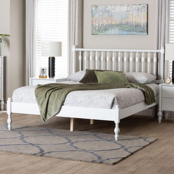 Baxton Studio Baxton Studio Callison Solid Wood Spindle Bed Farmhouse Spoked Headboard No Box Spring White MG0259-White-Queen