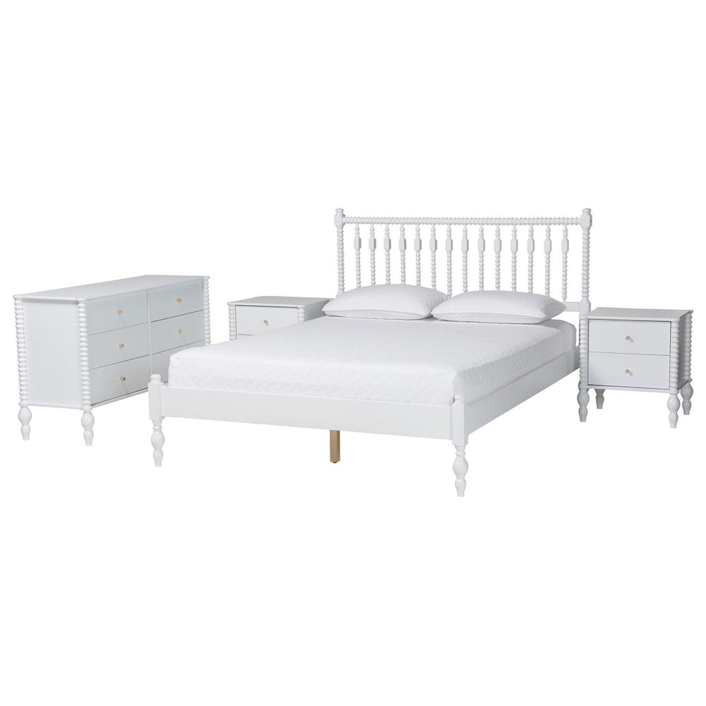 Baxton Studio Baxton Studio Callison Spindle Platform Bed Set with 6-drawer Dresser and Nightstands White Tamika-White-Queen 4PC Bedroom Set