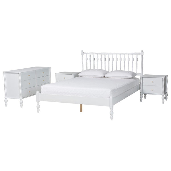 Baxton Studio Baxton Studio Callison Wood Spindle Farmhouse Bedroom Set with Dresser and Nightstands White Funanya-White-Full 4PC Bedroom Set