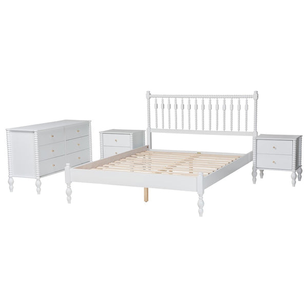Baxton Studio Baxton Studio Callison Wood Spindle Farmhouse Bedroom Set with Dresser and Nightstands White Funanya-White-Full 4PC Bedroom Set