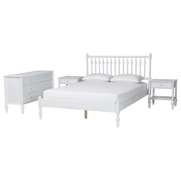 Baxton Studio Baxton Studio Denita Solid Wood Farmhouse Spindle Bedroom Set with Dresser and Nightstands White Shani-White-Queen 4PC Bedroom Set