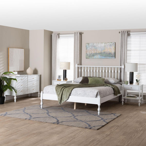 Baxton Studio Baxton Studio Denita Solid Wood Farmhouse Spindle Bedroom Set with Dresser and Nightstands White Shani-White-Queen 4PC Bedroom Set