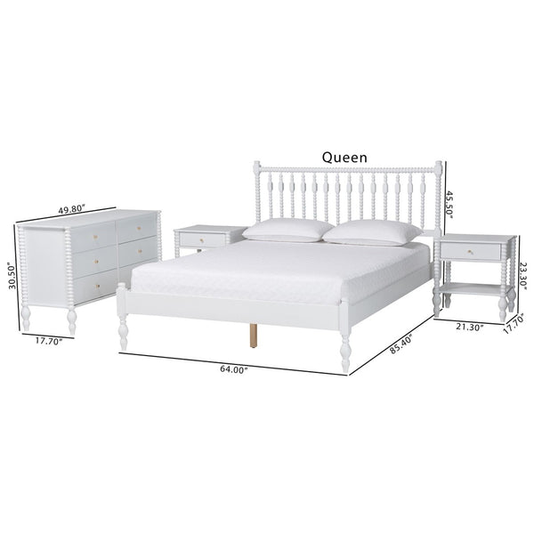 Baxton Studio Baxton Studio Denita Solid Wood Farmhouse Spindle Bedroom Set with Dresser and Nightstands White Shani-White-Queen 4PC Bedroom Set