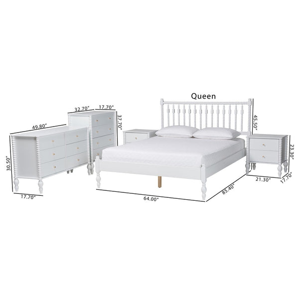 Baxton Studio Baxton Studio Callison Solid Wood Farmhouse Queen Bed Set with Spindle Headboard Storage White Shanika-White-Queen 5PC Bedroom Set