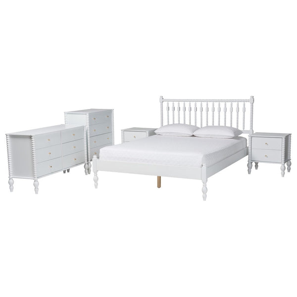 Baxton Studio Baxton Studio Callison Solid Wood Farmhouse Queen Bed Set with Spindle Headboard Storage White Shanika-White-Queen 5PC Bedroom Set