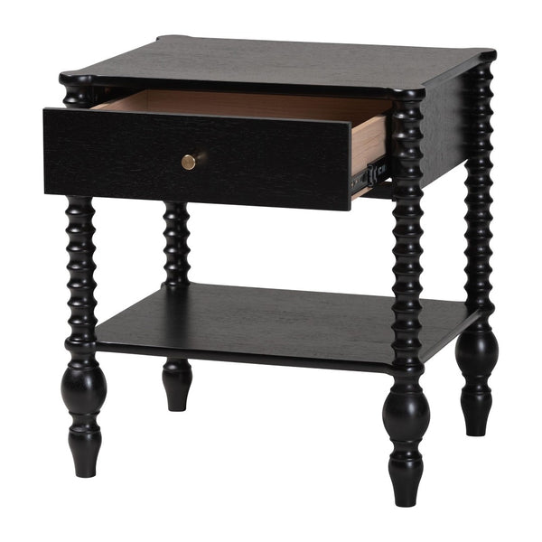 Baxton Studio Baxton Studio Callison Solid Wood Farmhouse Nightstand with Drawer Open Shelf Spindle Detail Black MG9020-Black-1DW-NS