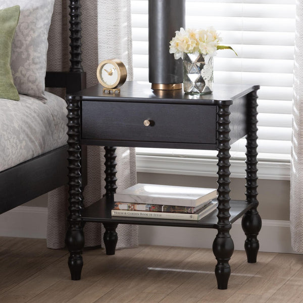 Baxton Studio Baxton Studio Callison Solid Wood Farmhouse Nightstand with Drawer Open Shelf Spindle Detail Black MG9020-Black-1DW-NS