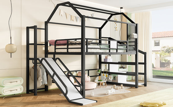 English Elm Full Full House Loft bed with Slide and Stairs, Metal House Play Loft with Storage Shelves and Quiet Design Black W1580S00350