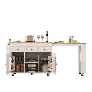 English Elm K&k Rolling Kitchen Island with Extendable Table Open Shelving and Built-in Power Outlet White N707P360278W