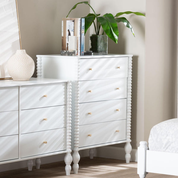 Baxton Studio Baxton Studio Callison Solid Wood Farmhouse Chest with Spindle Detail and Four Drawers White MG9020-White-4DW-Chest
